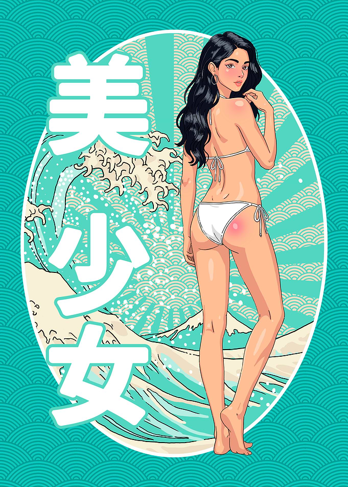Anime Girl Waifu with Japanese Wave Art