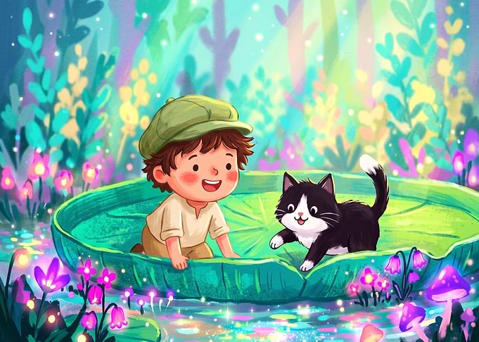 Boy and Kitten on Lily Pad