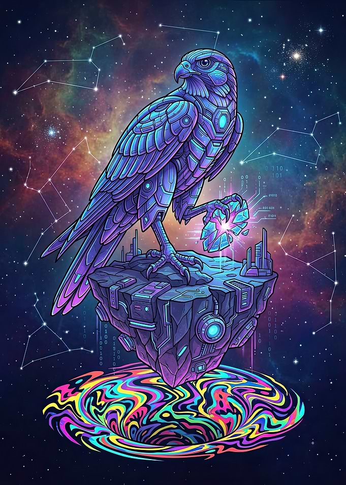 Cybernetic Falcon on Floating Rock