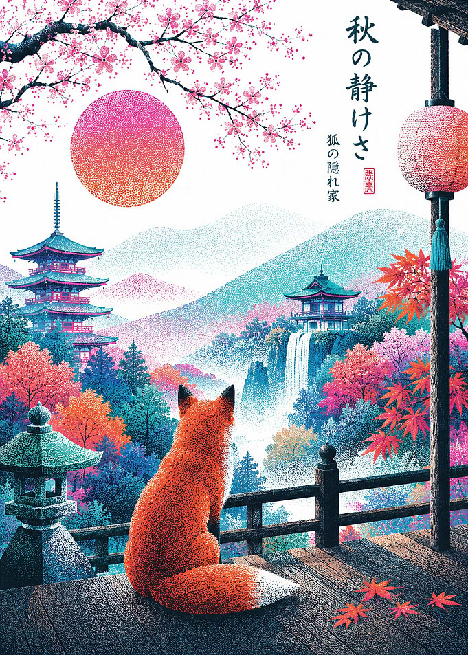 Fox Watching Autumn Japanese Landscape