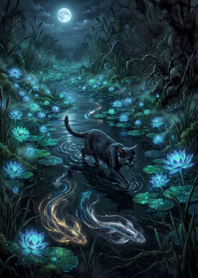 Black Cat in Enchanted Lotus Pond