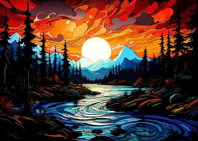 Vibrant Stained Glass Mountain Sunset