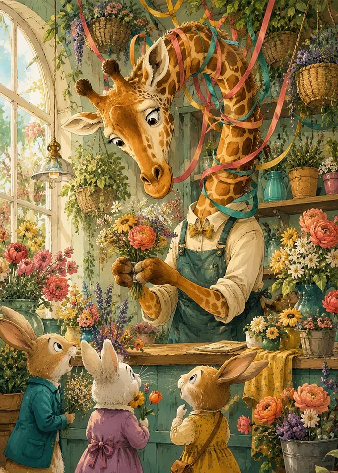 Giraffe Florist Serving Bunny Customers