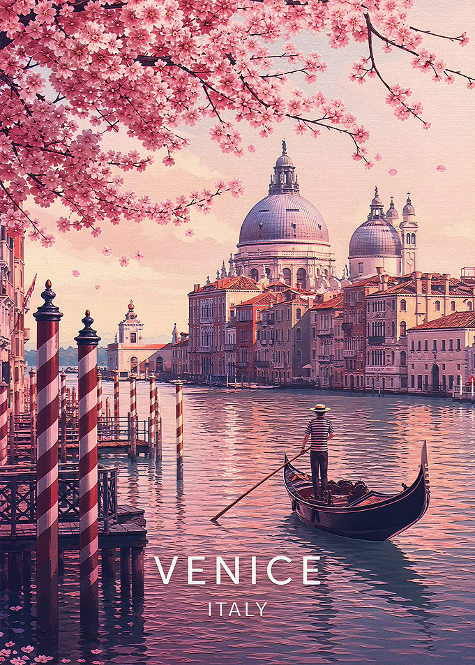 Venice Gondola Under Cherry Blossoms