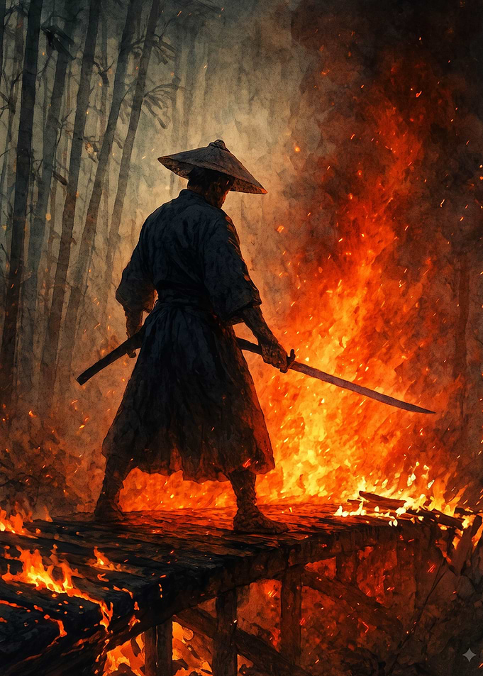 Samurai Standing on Burning Bridge