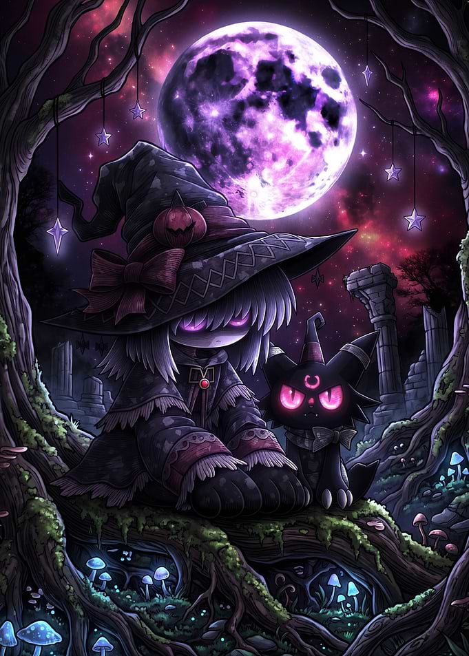 Witch and Familiar Under Purple Moon