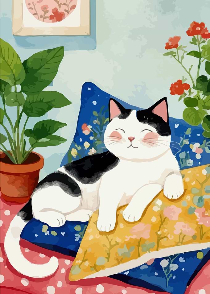 Cute Cat Resting on Floral Pillows