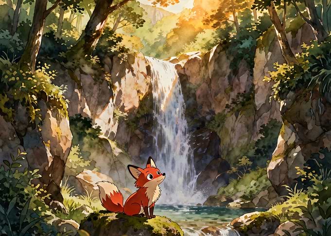Cute Fox by a Waterfall