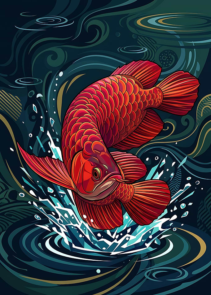Vibrant Red Arowana Jumping from Water
