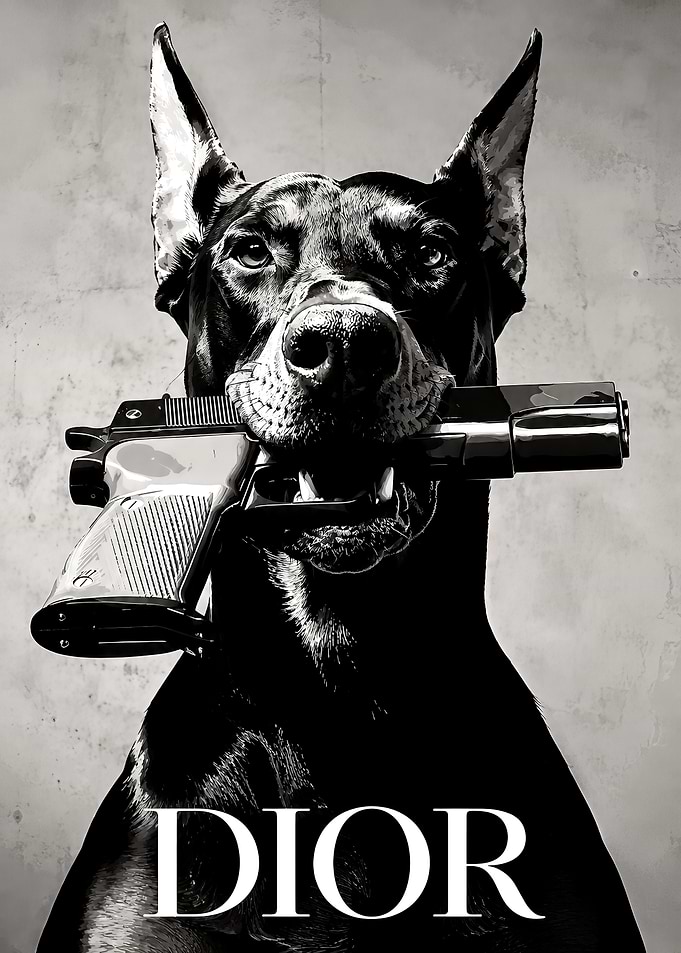 Doberman Holding Gun Dior Poster