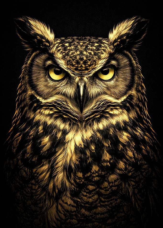 Intense Golden Great Horned Owl Portrait
