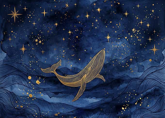 Golden Whale in Starry Night Sky