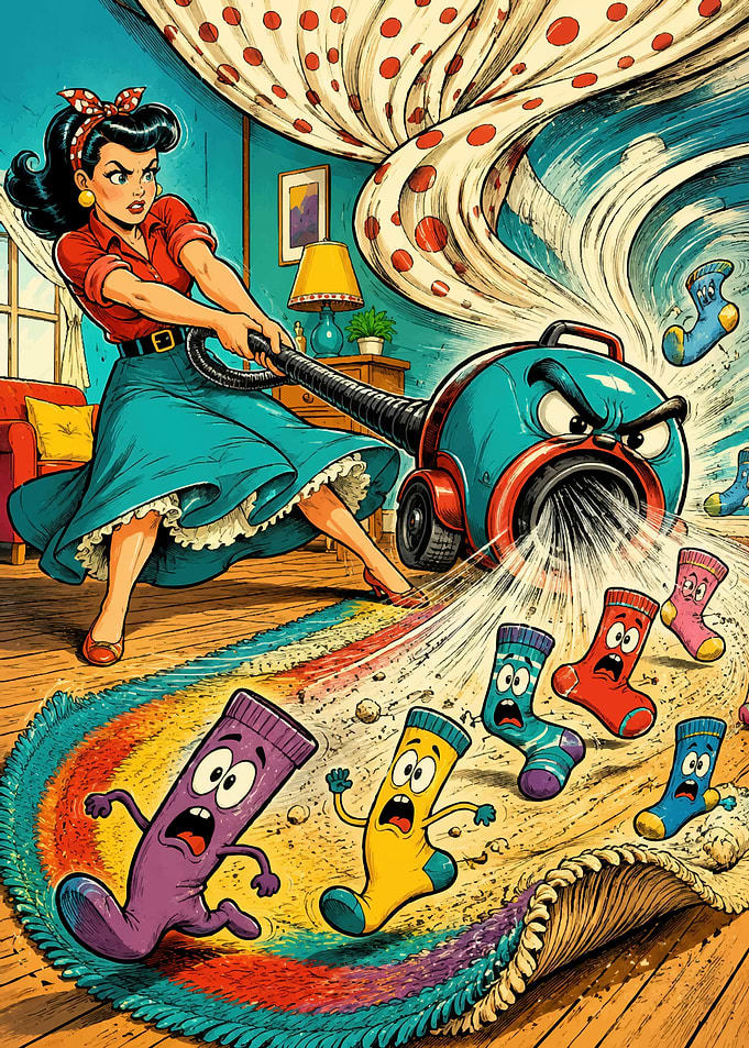 Pin-up Girl Vacuuming Scared Socks