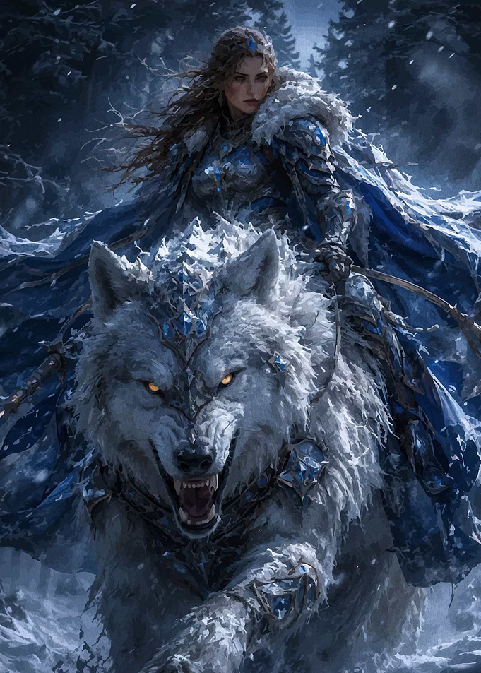 Warrior Queen Riding Giant Frost Wolf