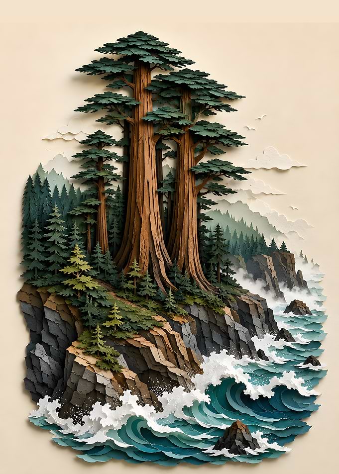 Coastal Redwood Forest Ocean Cliff Papercraft