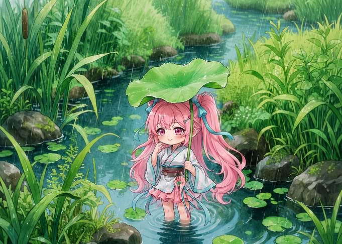 Chibi Anime Girl in Rain