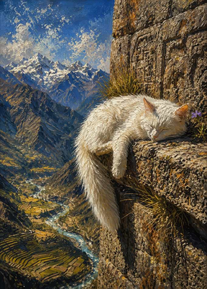 White Cat Sleeping on Mountain Ledge