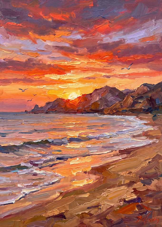 Impressionist Sunset Over Coastal Mountains