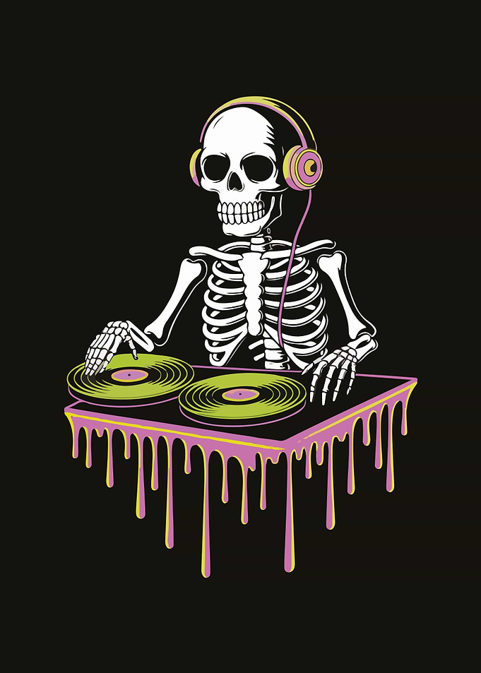 Skeleton DJ Playing Vinyl Records