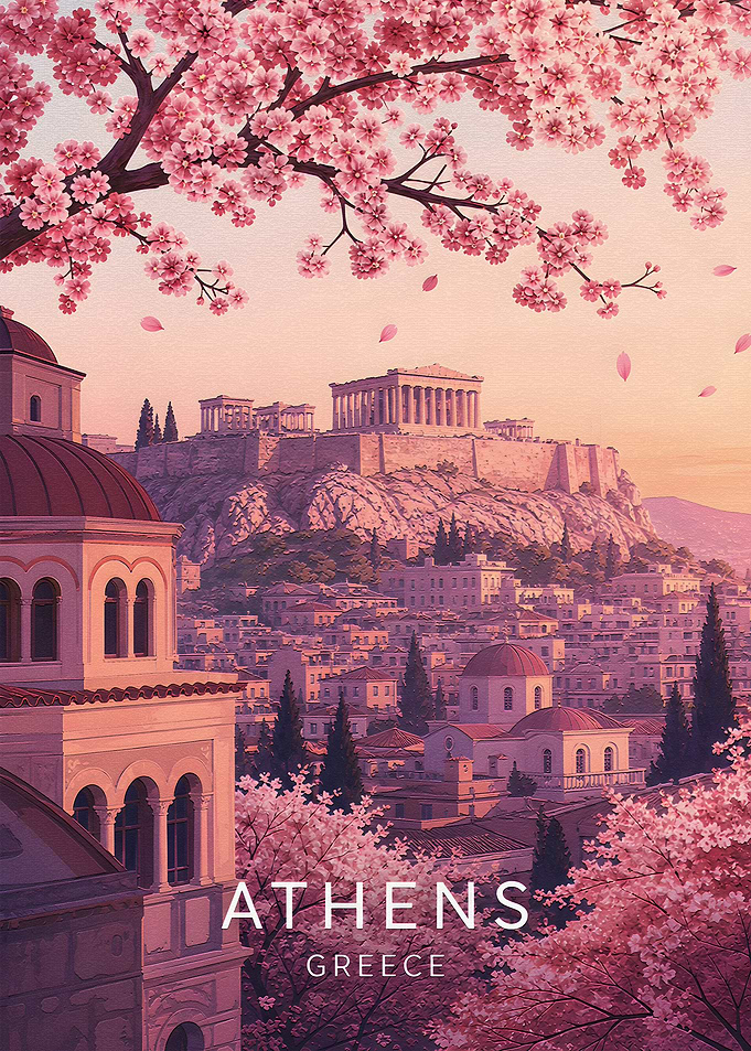 Athens Greece Cherry Blossom Travel Poster