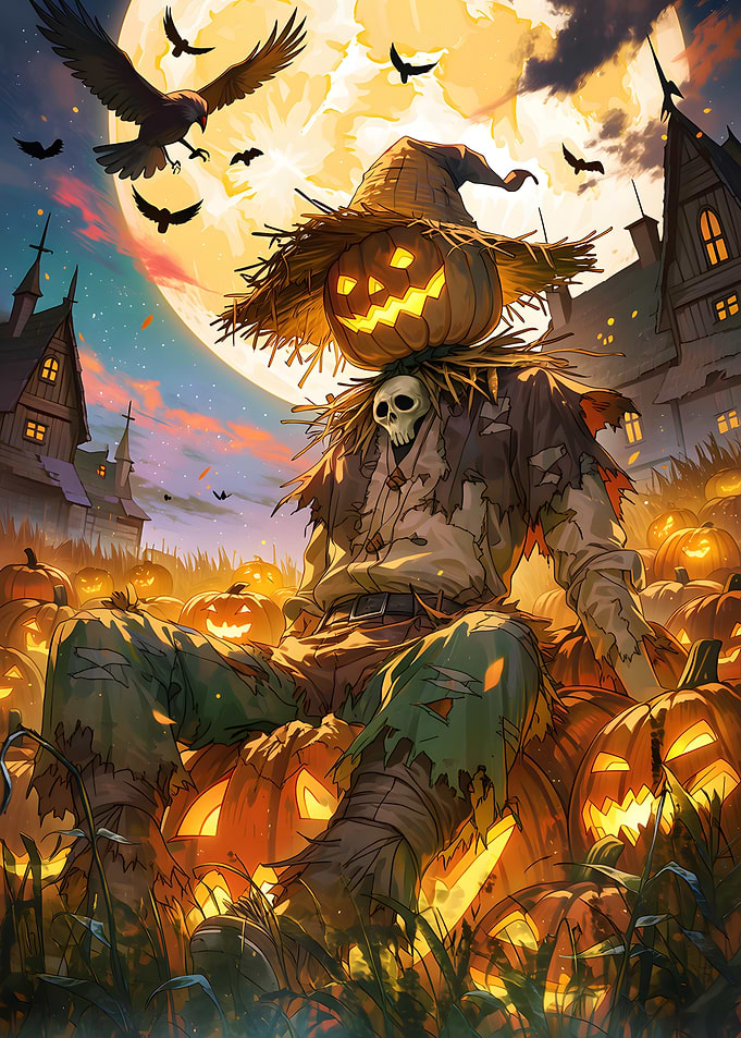 Spooky Halloween Scarecrow with Pumpkins