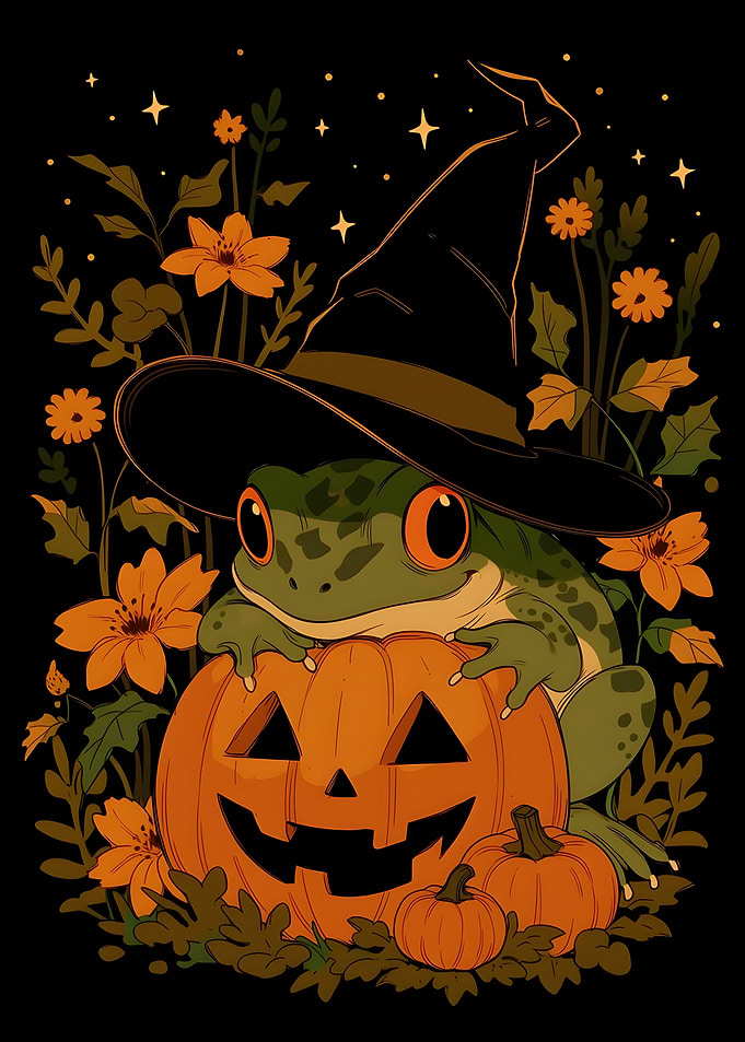 Cute Frog Witch with Halloween Pumpkins