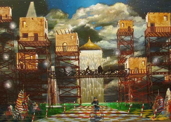 Surreal Landscape with Elevated Adobe Structures