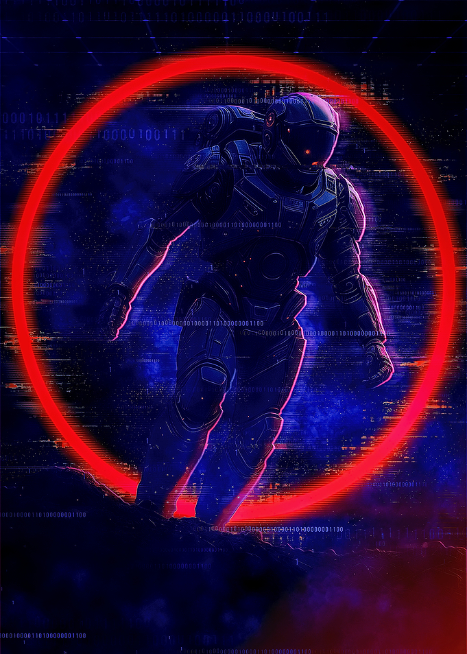 Futuristic Astronaut in Neon Red Ring Sci‑Fi Space Explorer
