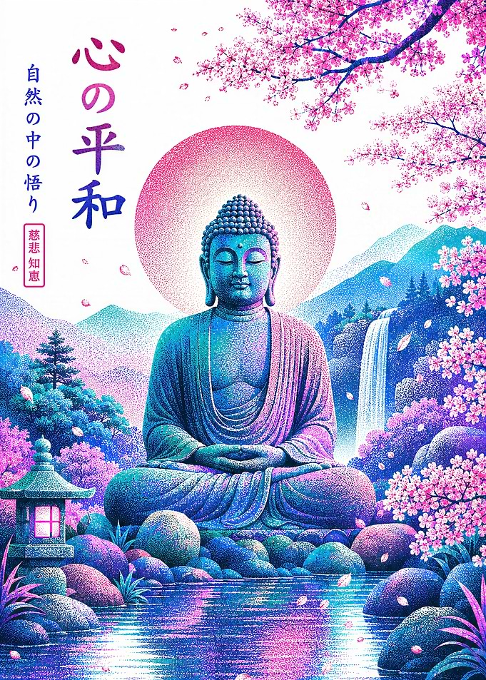 Peaceful Buddha in Cherry Blossom Garden