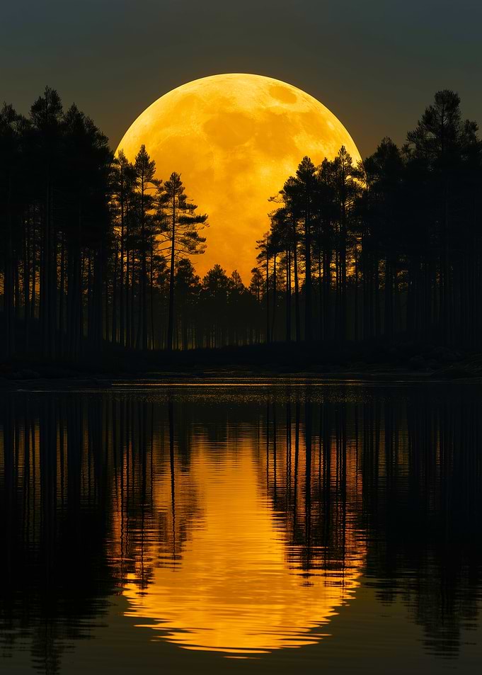 Golden Full Moon Over Forest Lake