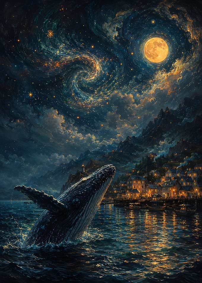 Whale Breaching Under Starry Night Sky