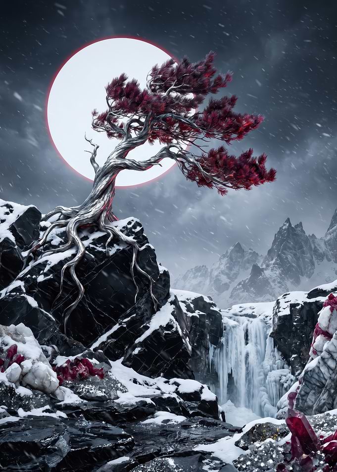 Frozen Crimson Tree and Waterfall