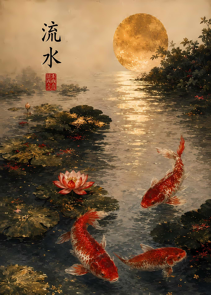 Koi Fish in Moonlit Pond