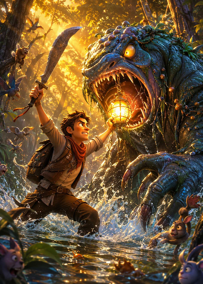 Adventurer Facing a Forest Monster