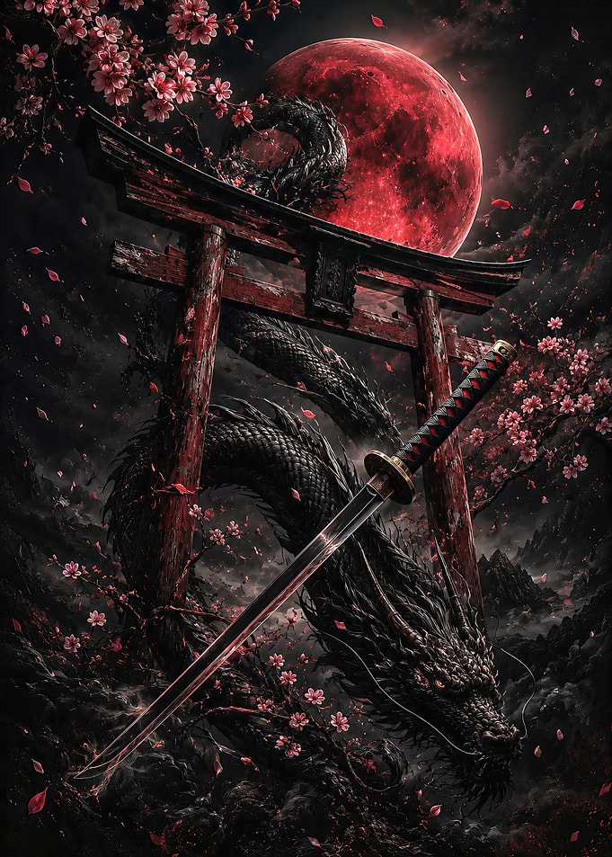 Dragon and Katana Under Blood Moon