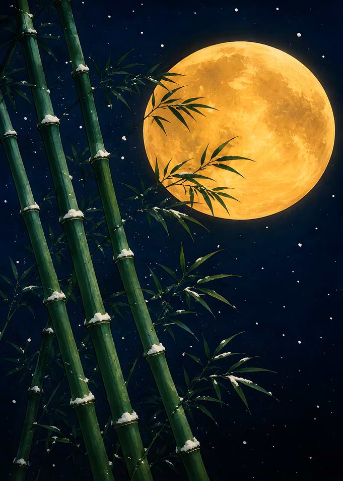 Snowy Bamboo Under Full Moon
