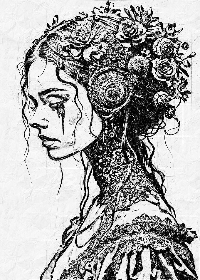 Melancholic Victorian Woman Floral Sketch