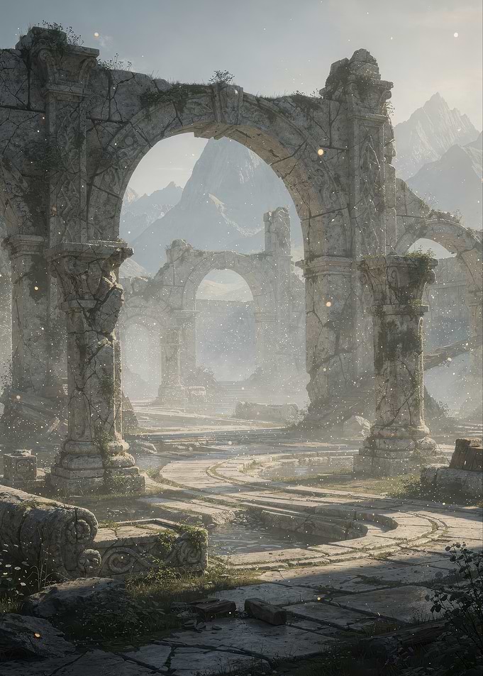 Ancient Stone Ruins in Misty Mountains