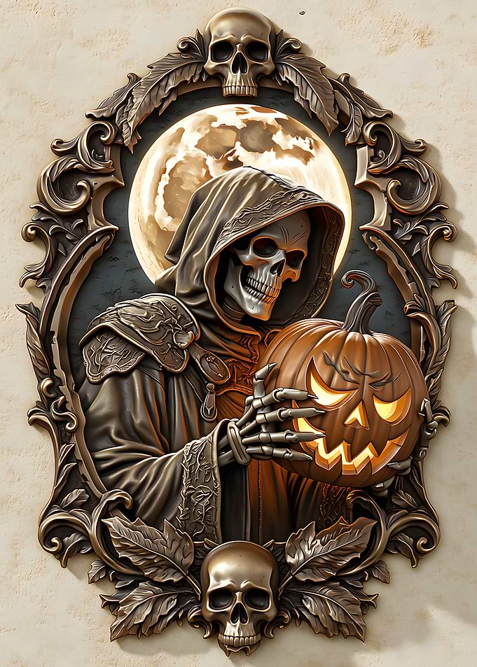 Grim Reaper Holding Glowing Jack-o'-lantern