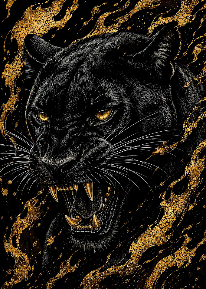 Golden Snarling Black Panther Portrait