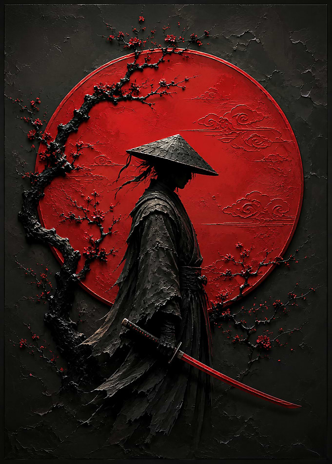 Samurai Silhouette with Red Moon