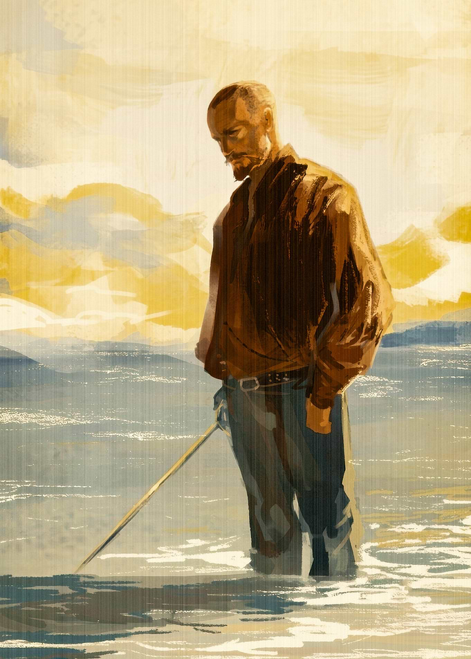 Man Standing in Water with Sword