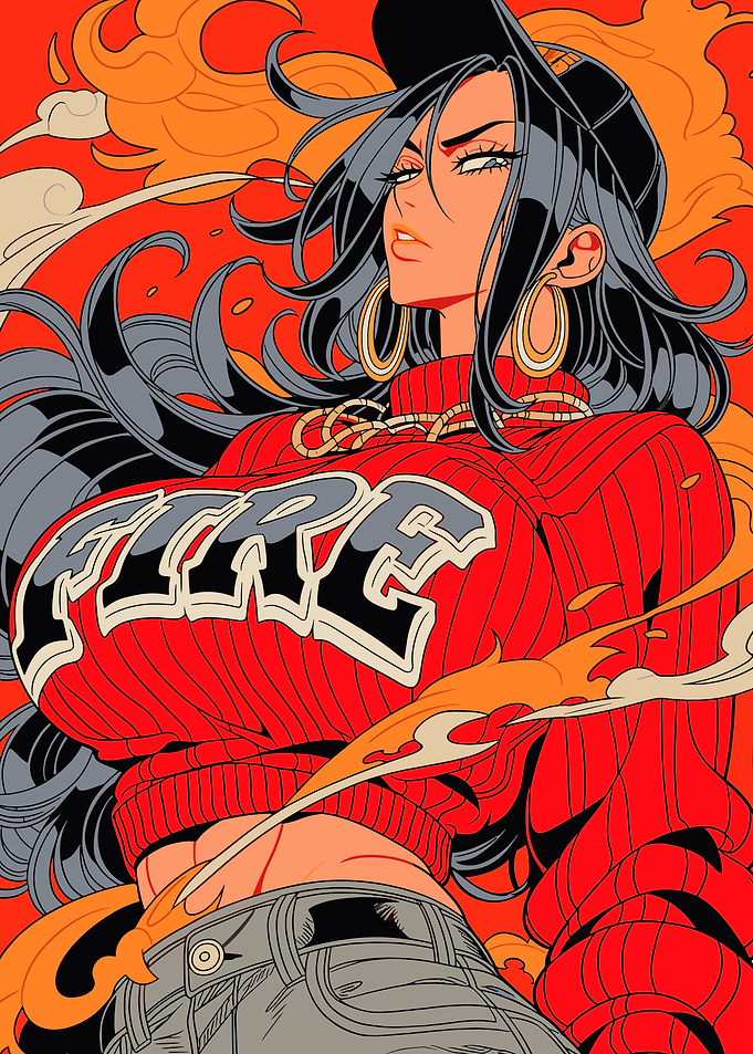 Stylish Anime Girl with Fire Motif