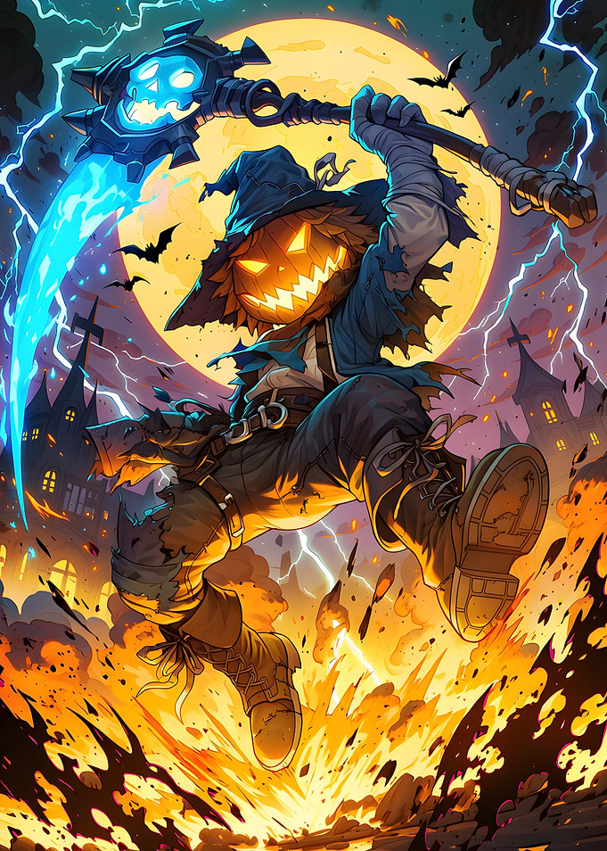 Pumpkin Scarecrow Warrior with Scythe