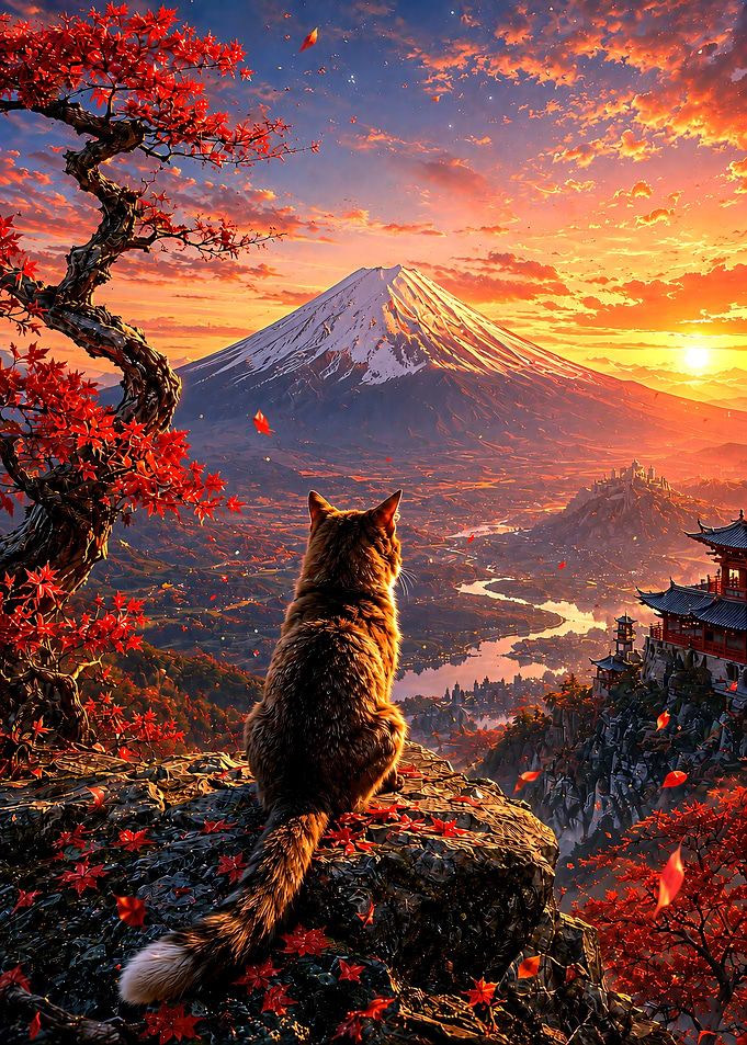 Cat Watching Sunset Over Mount Fuji
