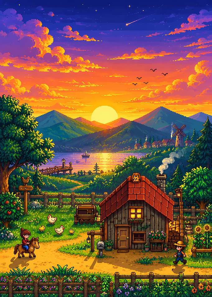 Stardew Valley Farm Sunset Scene