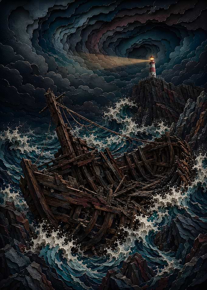 Wreckage At The Stormy Shore