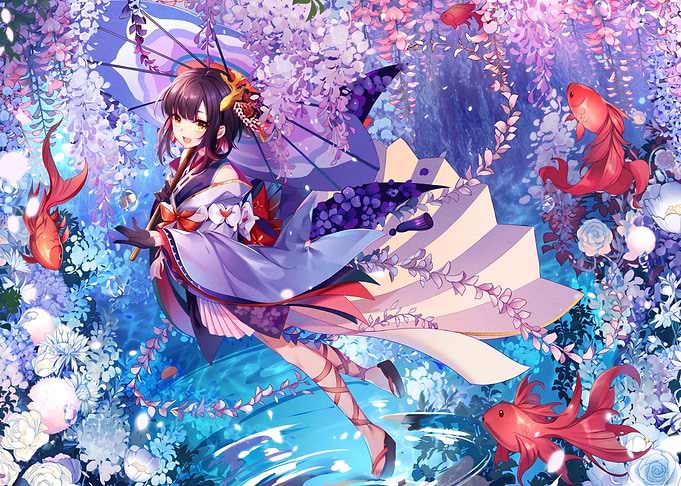 Anime Girl with Parasol and Fish