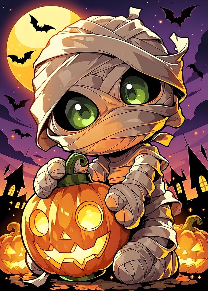 Cute Chibi Mummy with Jack-o'-lantern