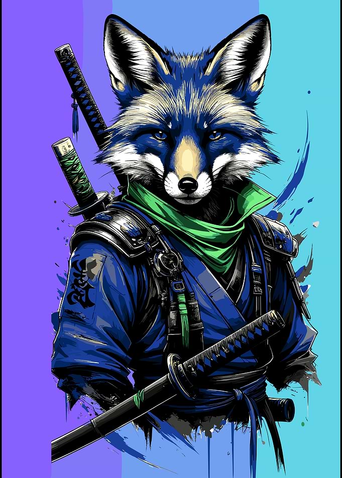 Blue Fox Samurai Warrior Illustration